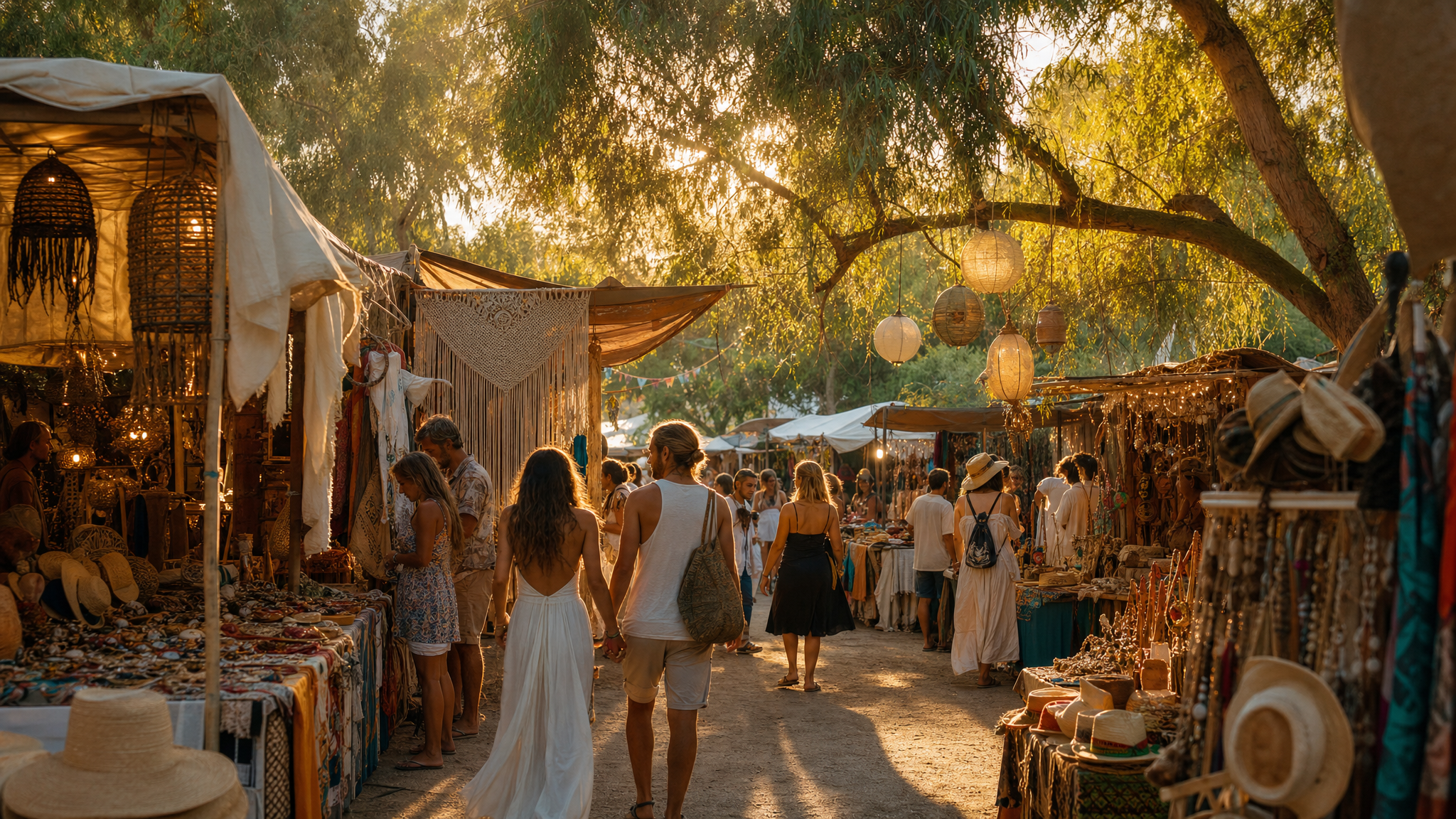 Marché hippie de Las Dalias à Ibiza au coucher du soleil, stands bohèmes sous les eucalyptus Image