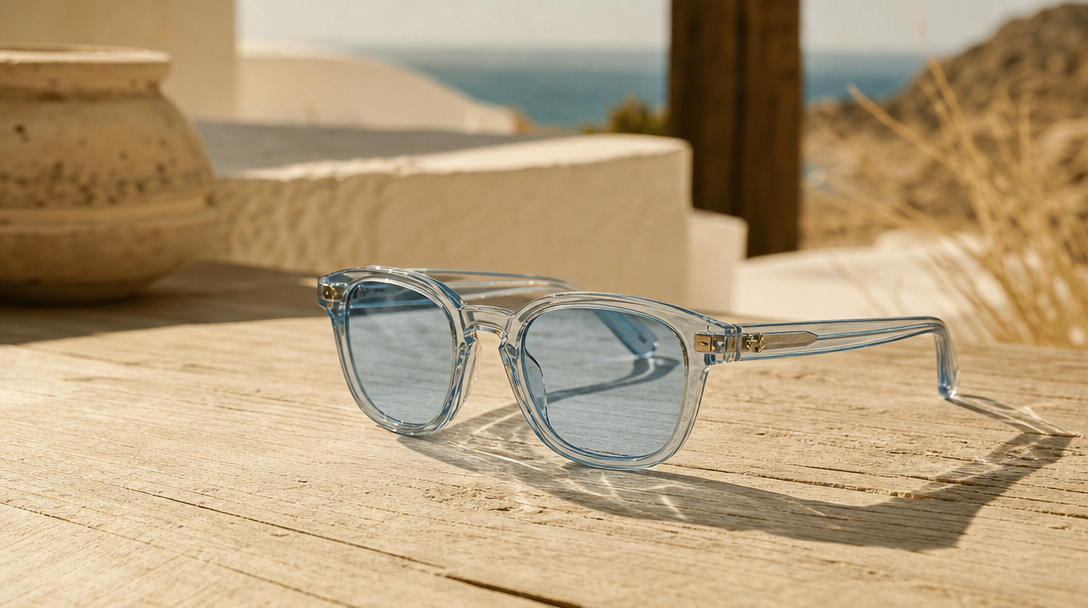 Lunettes de soleil à monture cristal transparente et verres bleus sur une table en bois Image