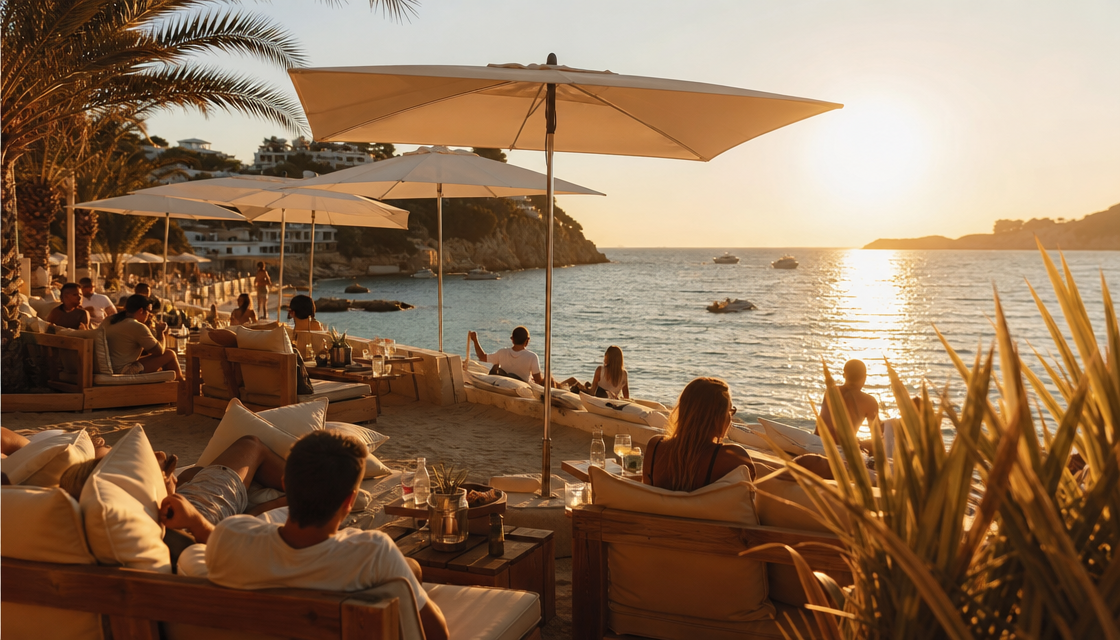 Beach club d'Ibiza au coucher de soleil, transats et parasols blancs face à la mer turquoise Image