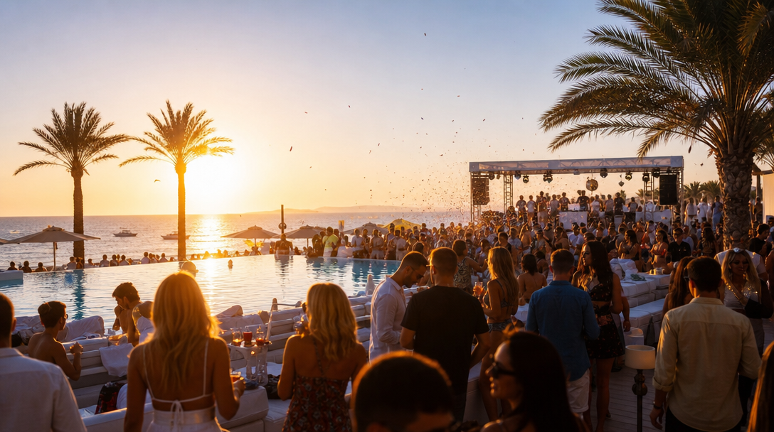 Club à ciel ouvert d'Ibiza au coucher du soleil, foule au bord de la piscine Image