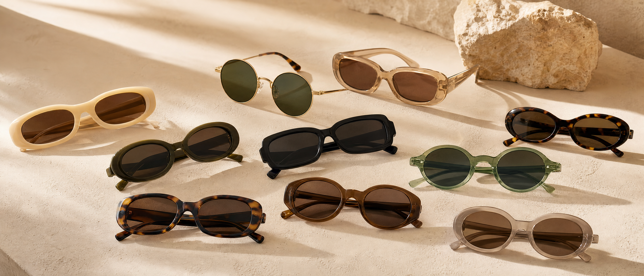 Assortiment de formes de lunettes de soleil adaptées aux visages ovale, allongé et en cœur – Sunrise Ibiza Bild