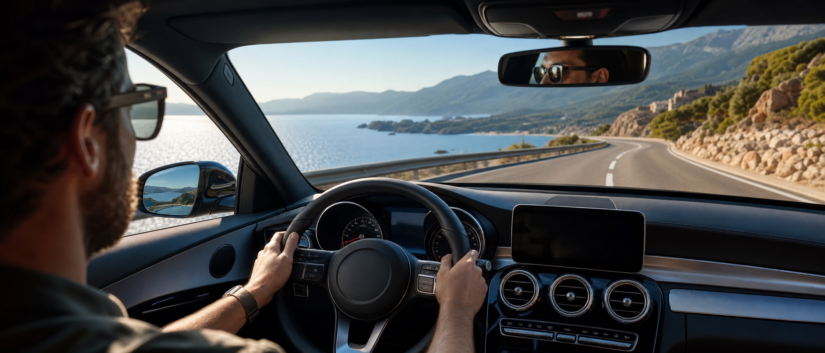 Mains au volant sur une route côtière ensoleillée, lunettes de soleil réduisant l'éblouissement – Sunrise Ibiza