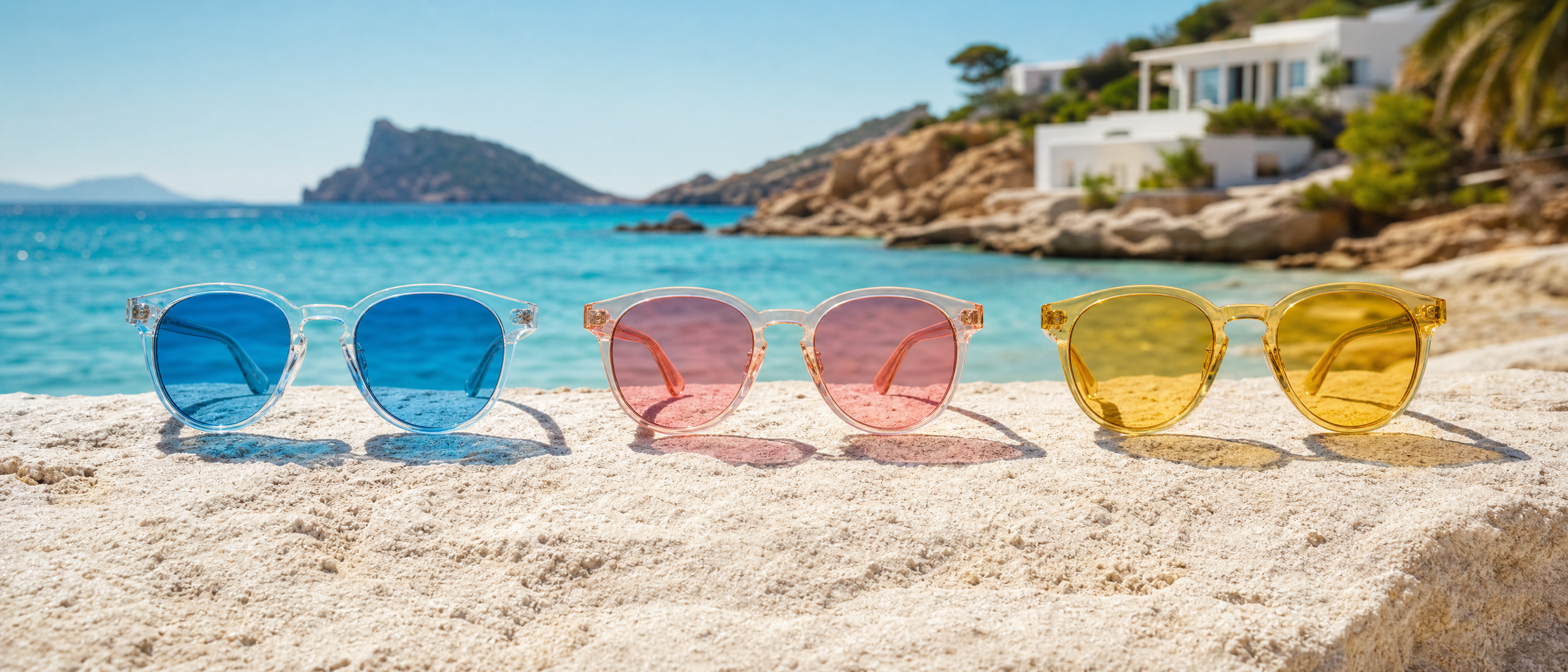 Trois paires de lunettes de soleil à verres colorés bleu, rose et jaune sur le sable – Sunrise Ibiza Bild