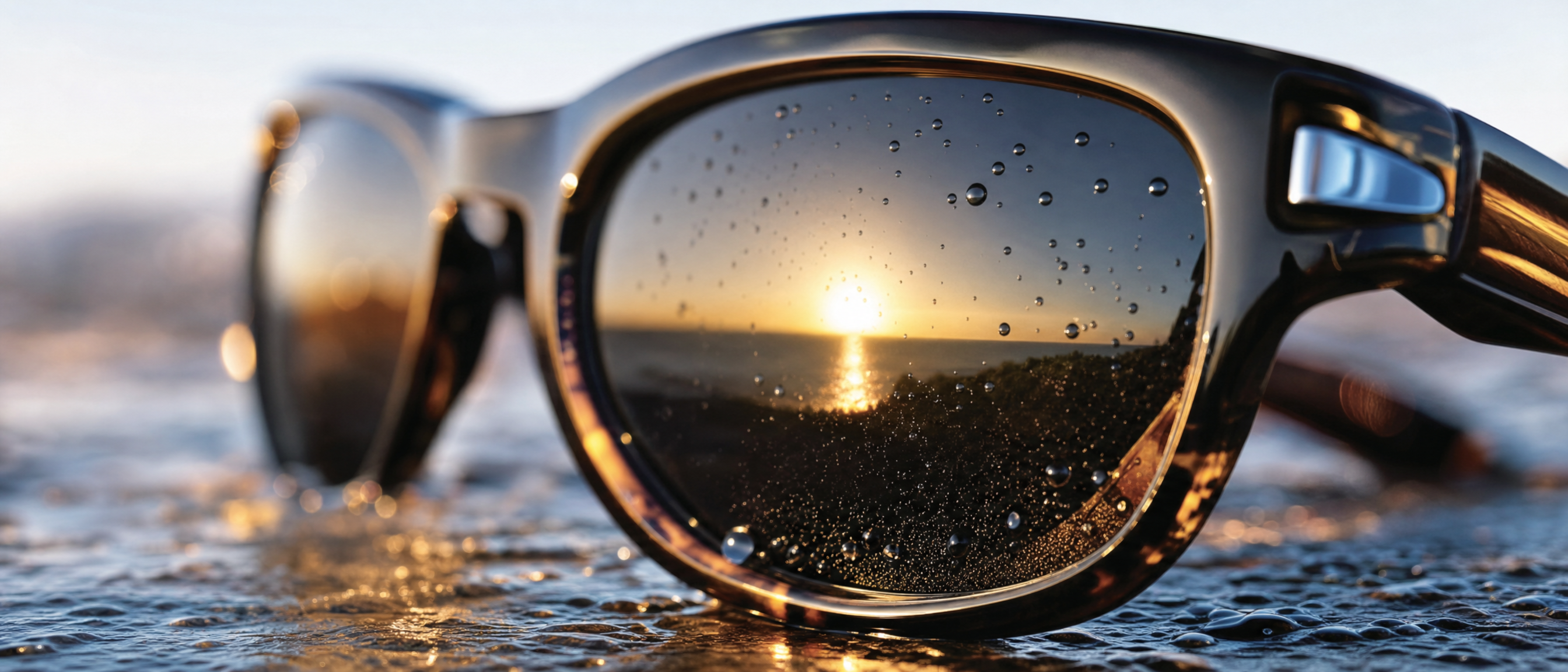 Gros plan d'un verre de lunettes de soleil reflétant le soleil, symbole de protection UV400 – Sunrise Ibiza