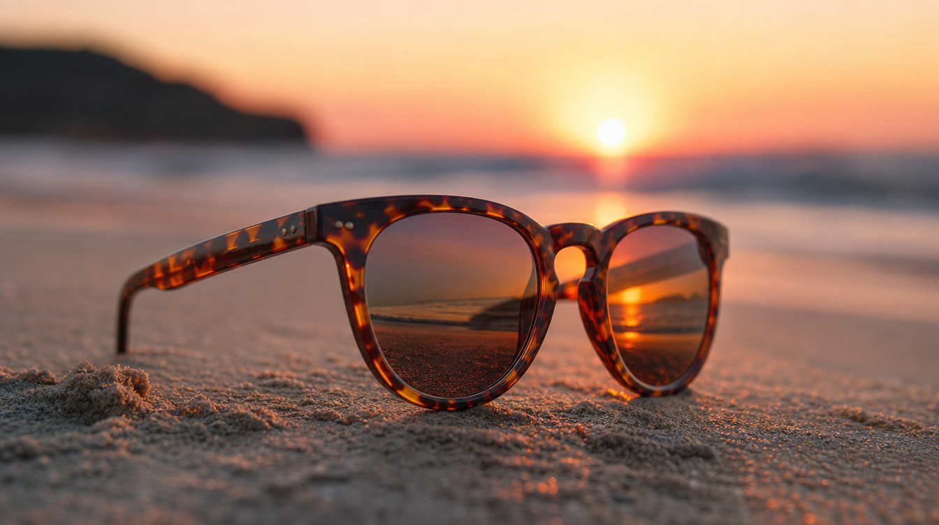 Lunettes de soleil écaille posées sur le sable face à un coucher de soleil à Ibiza Bild