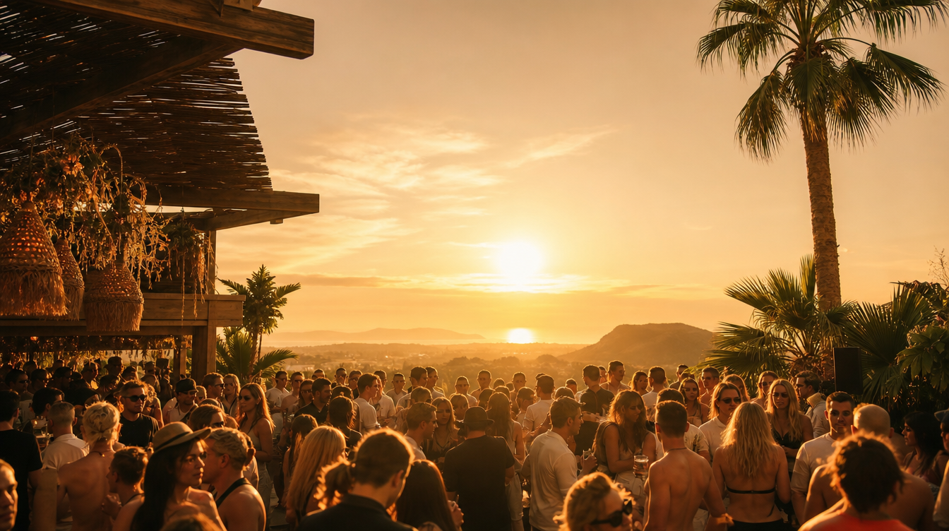 Terrasse de club au lever du soleil à Ibiza, lumière dorée évoquant l'ambiance d'Amnesia