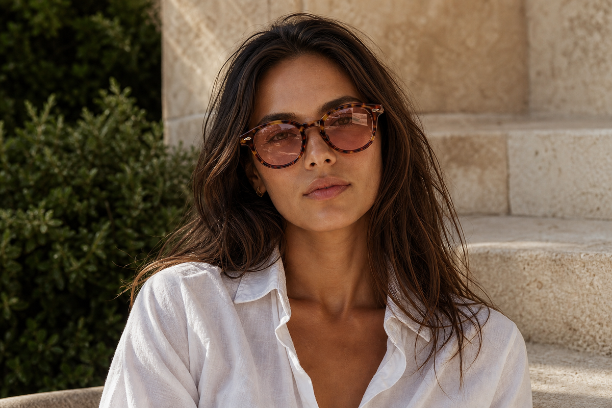 Lunettes de soleil KM5 portées par une femme, monture écaille ambrée et verres rosés, style rétro doux