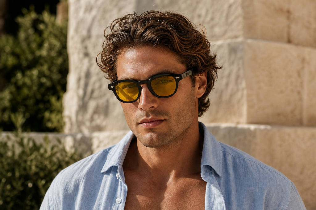 Lunettes de soleil Afterglow portées par un homme, monture noire et verres jaunes, look pop et club