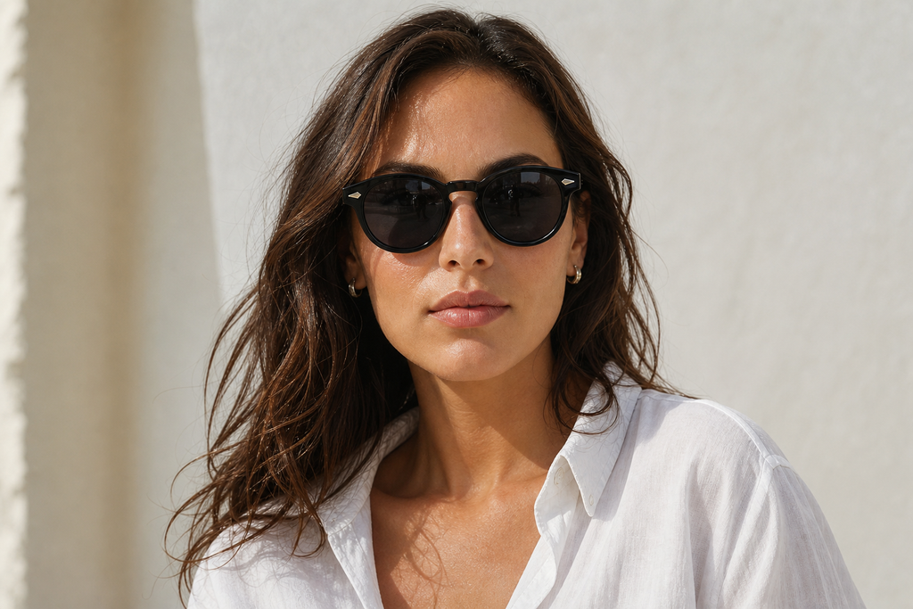 Lunettes de soleil Amnesia portées par une femme, monture noire laquée et verres fumés, esprit nightlife