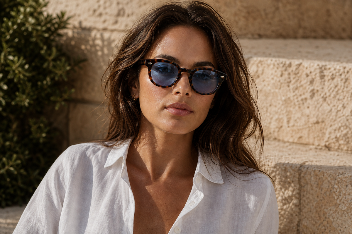 Lunettes de soleil Blue Eden portées par une femme, monture écaille ambrée et verres bleus, style rétro