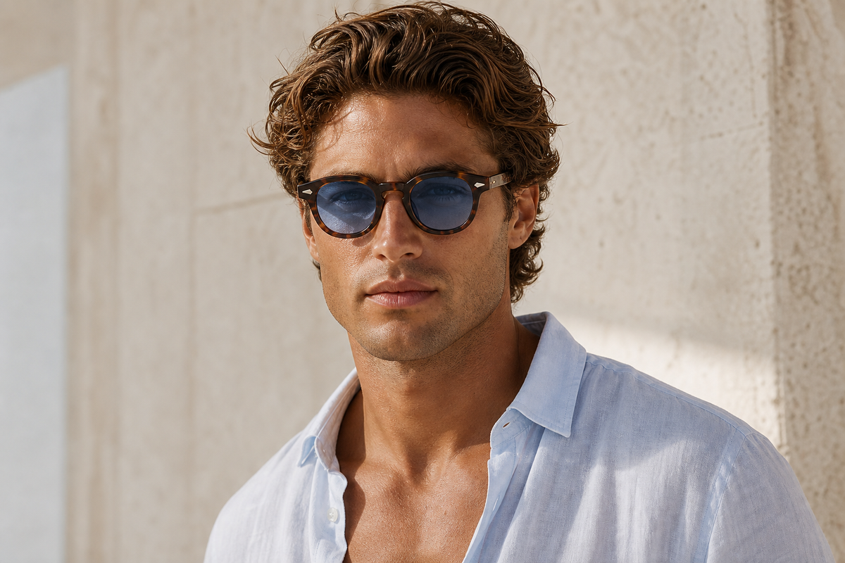 Lunettes de soleil Blue Eden portées par un homme, monture écaille et verres bleus, allure vintage fraîche