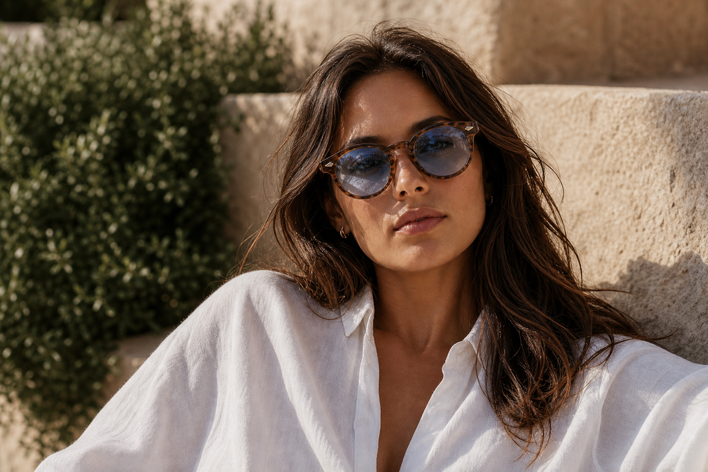 Lunettes de soleil Bluewood portées par une femme, monture écaille ambre miel et verres bleus, style rétro