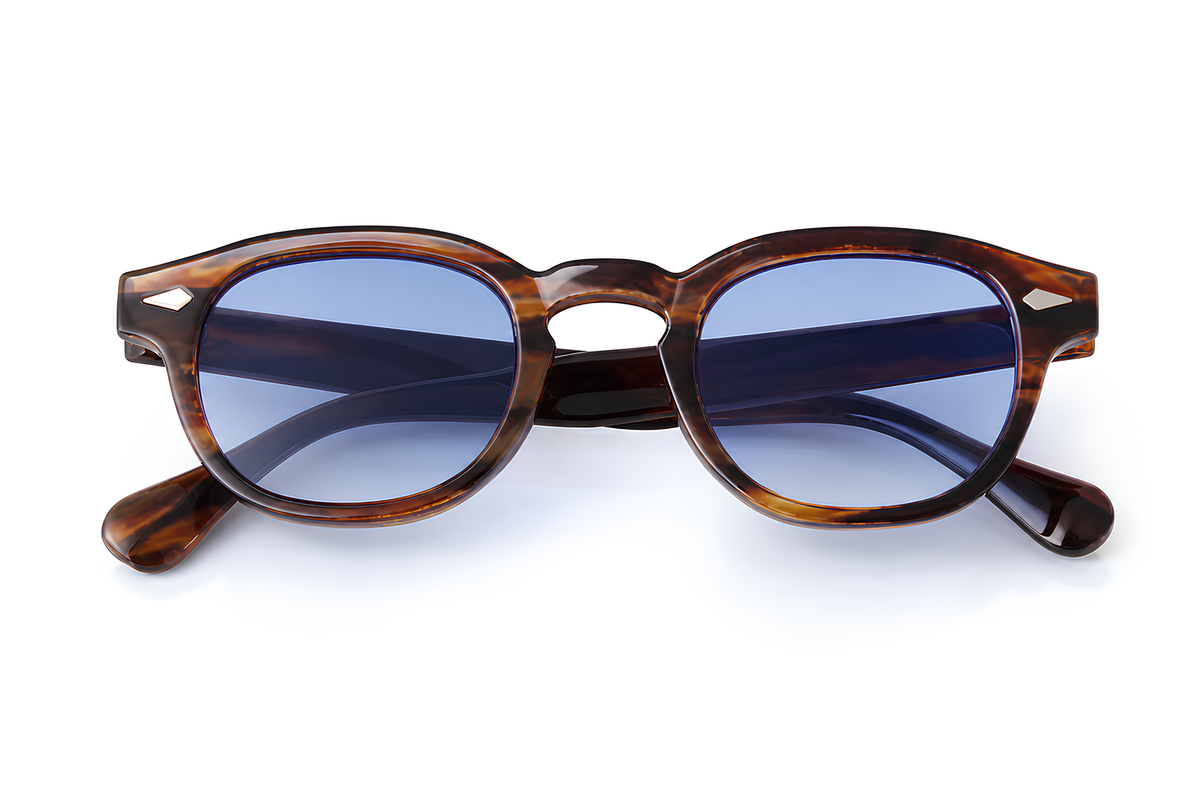 Lunettes de soleil Bluewood Sunrise Ibiza, monture écaille ambre miel et verres bleus dégradés, collection Vintage