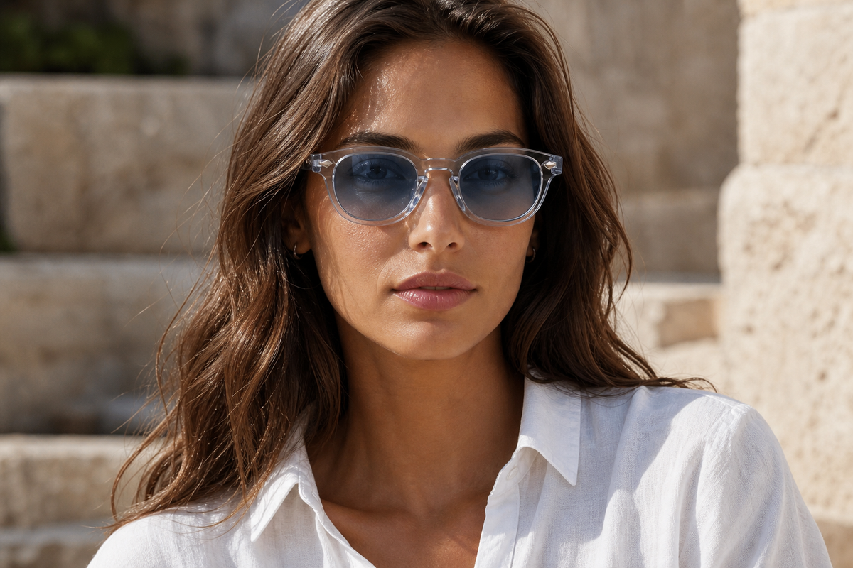 Lunettes de soleil Crystal Blue portées par une femme, monture cristal bleutée et verres bleus clairs, style frais