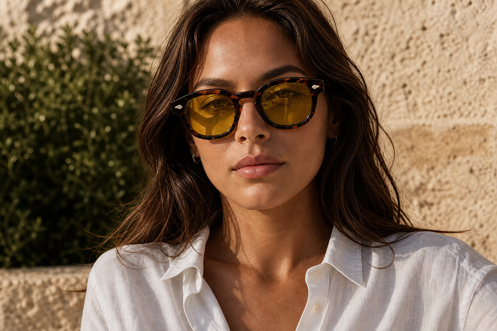 Lunettes de soleil Golden Hour portées par une femme, monture écaille ambrée et verres jaunes, look sunset