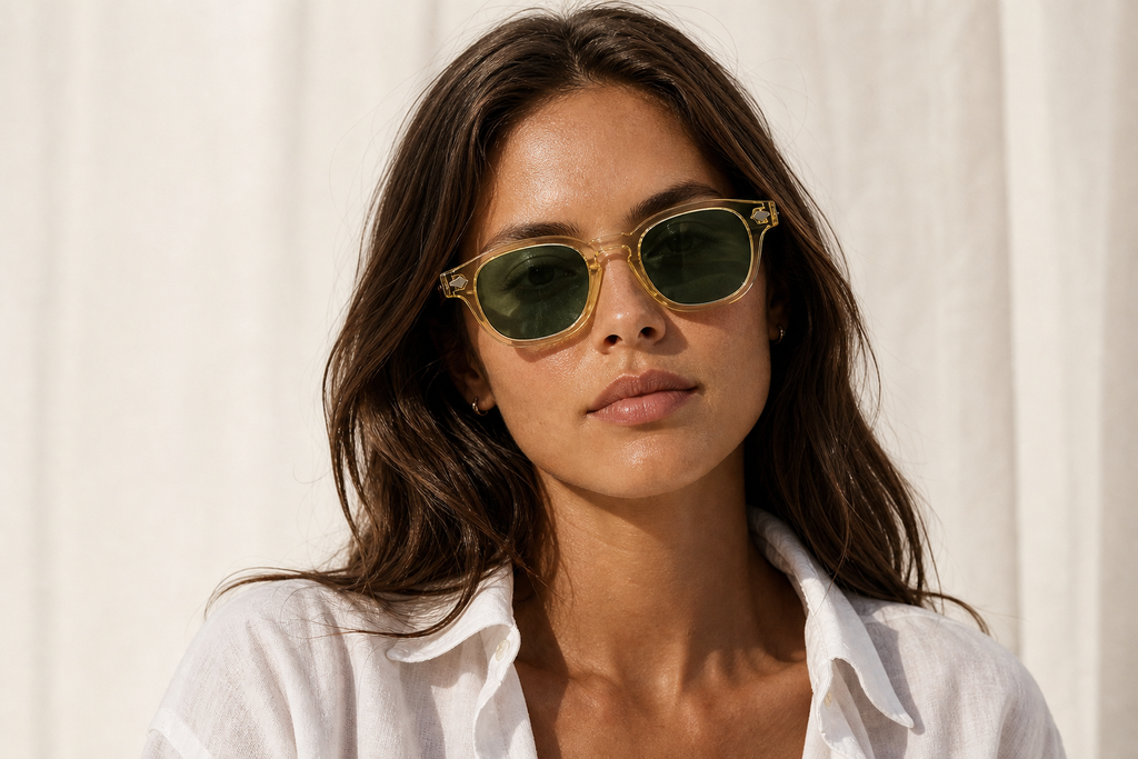 Lunettes de soleil Golden Snake portées par une femme, monture champagne dorée et verres verts, style solaire
