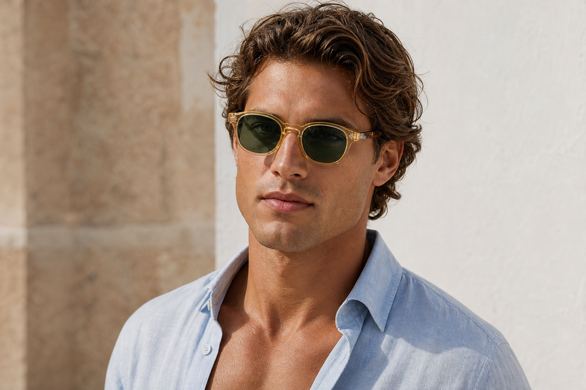 Lunettes de soleil Golden Snake portées par un homme, monture dorée et verres verts, allure Signature audacieuse