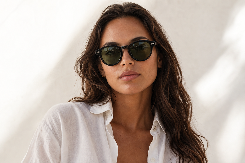 Lunettes de soleil Ku Black portées par une femme, monture noire brillante et verres verts, esprit club