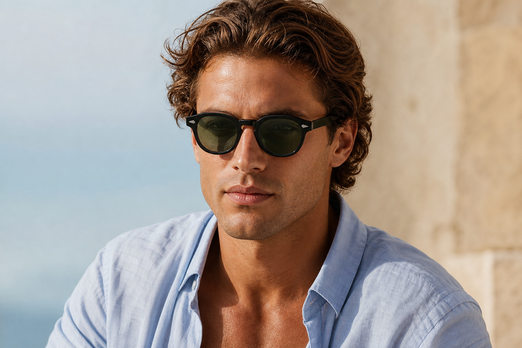 Lunettes de soleil Ku Black portées par un homme, monture noire et verres verts, look nightlife Ibiza