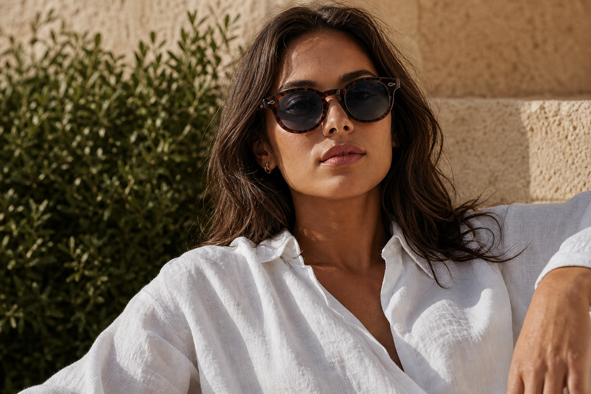 Lunettes de soleil Las Dalias portées par une femme, monture écaille ambrée et verres fumés noirs, style bohème