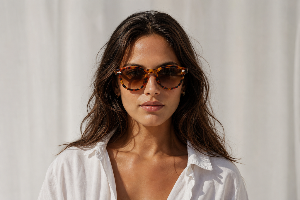 Lunettes de soleil Lola's portées par une femme, monture écaille et verres marron dégradés, style rétro Ibiza