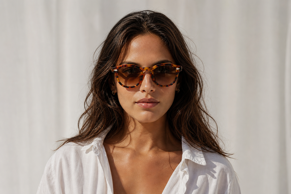 Lunettes de soleil Lola's portées par une femme, monture écaille et verres marron dégradés, style rétro Ibiza