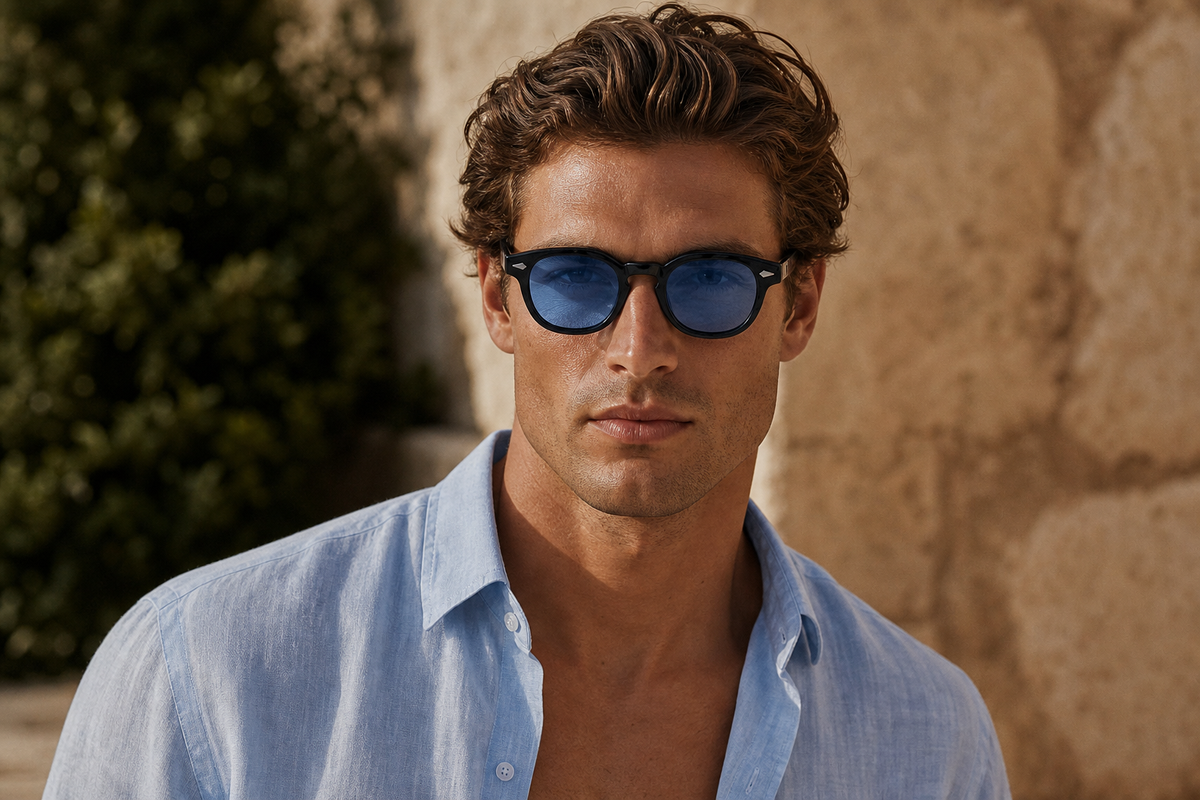 Lunettes de soleil Neon Blue portées par un homme, monture noire et verres bleus, look solaire Ibiza