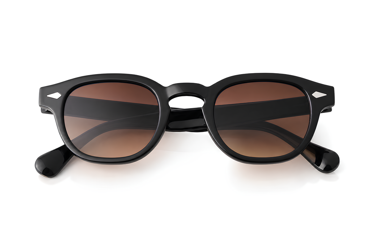 Lunettes de soleil Pikes Sunrise Ibiza, monture noire brillante et verres marron cognac dégradés, collection Vintage