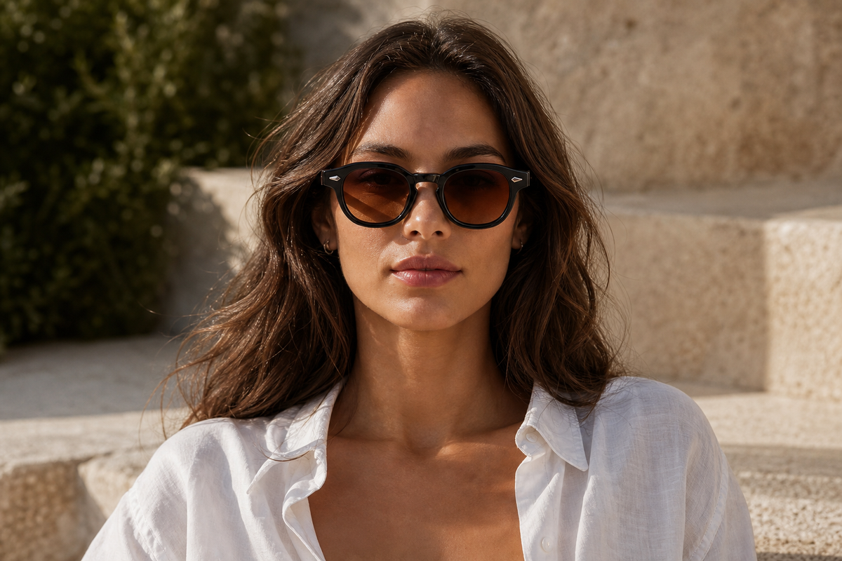 Lunettes de soleil Pikes portées par une femme, monture noire brillante et verres marron, style vintage chic