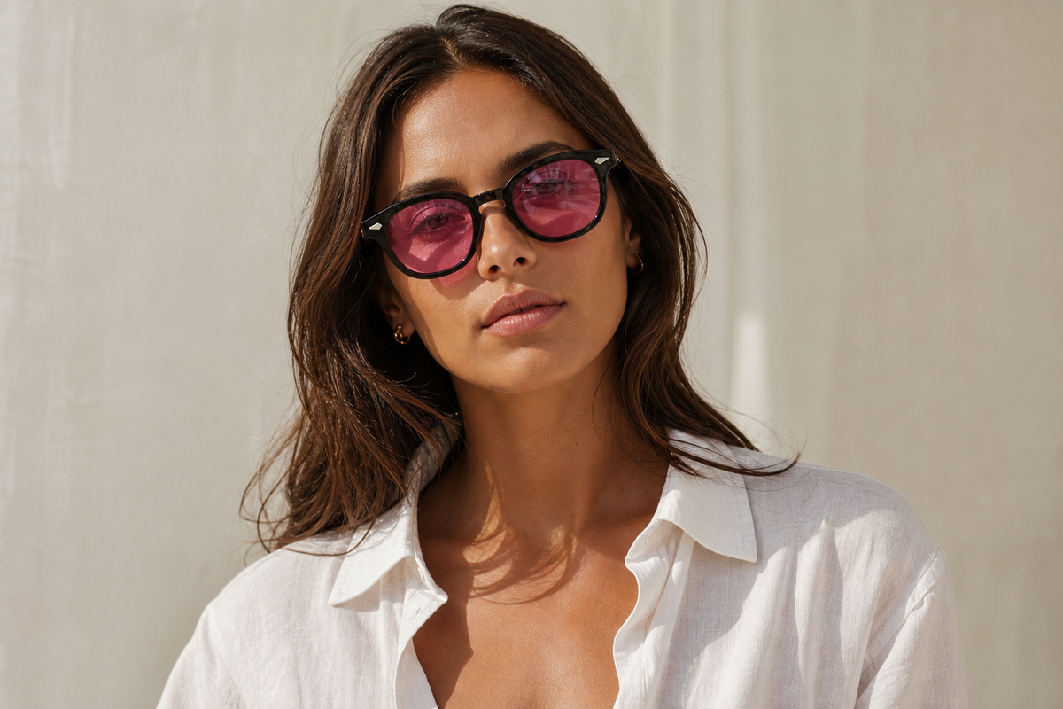 Lunettes de soleil Pink Eden portées par une femme, monture noire et verres roses, look pool party