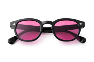 Lunettes de soleil Pink Eden Sunrise Ibiza, monture noire brillante et verres roses vibrants, collection Icon