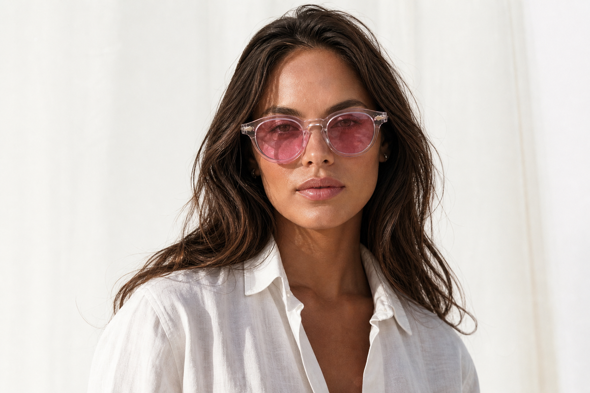 Lunettes de soleil Pink Paradise portées par une femme, monture cristal et verres roses, style doux et solaire