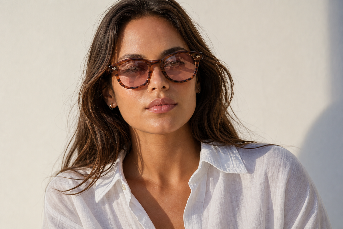 Lunettes de soleil Rosewood portées par une femme, monture écaille ambrée et verres rosés, style rétro chic