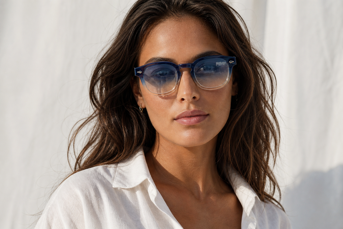 Lunettes de soleil Sant Antoni portées par une femme, monture bleu-sable et verres dégradés, style sunset