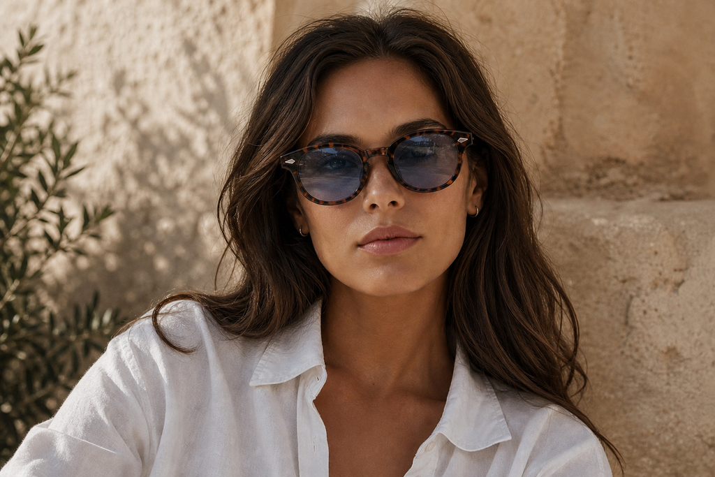 Lunettes de soleil Zoo Project portées par une femme, monture écaille et verres bleus, look solaire pop
