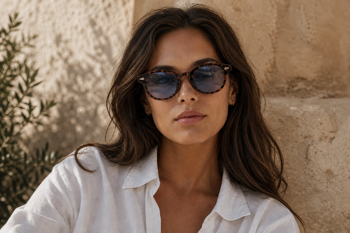 Lunettes de soleil Zoo Project portées par une femme, monture écaille et verres bleus, look solaire pop